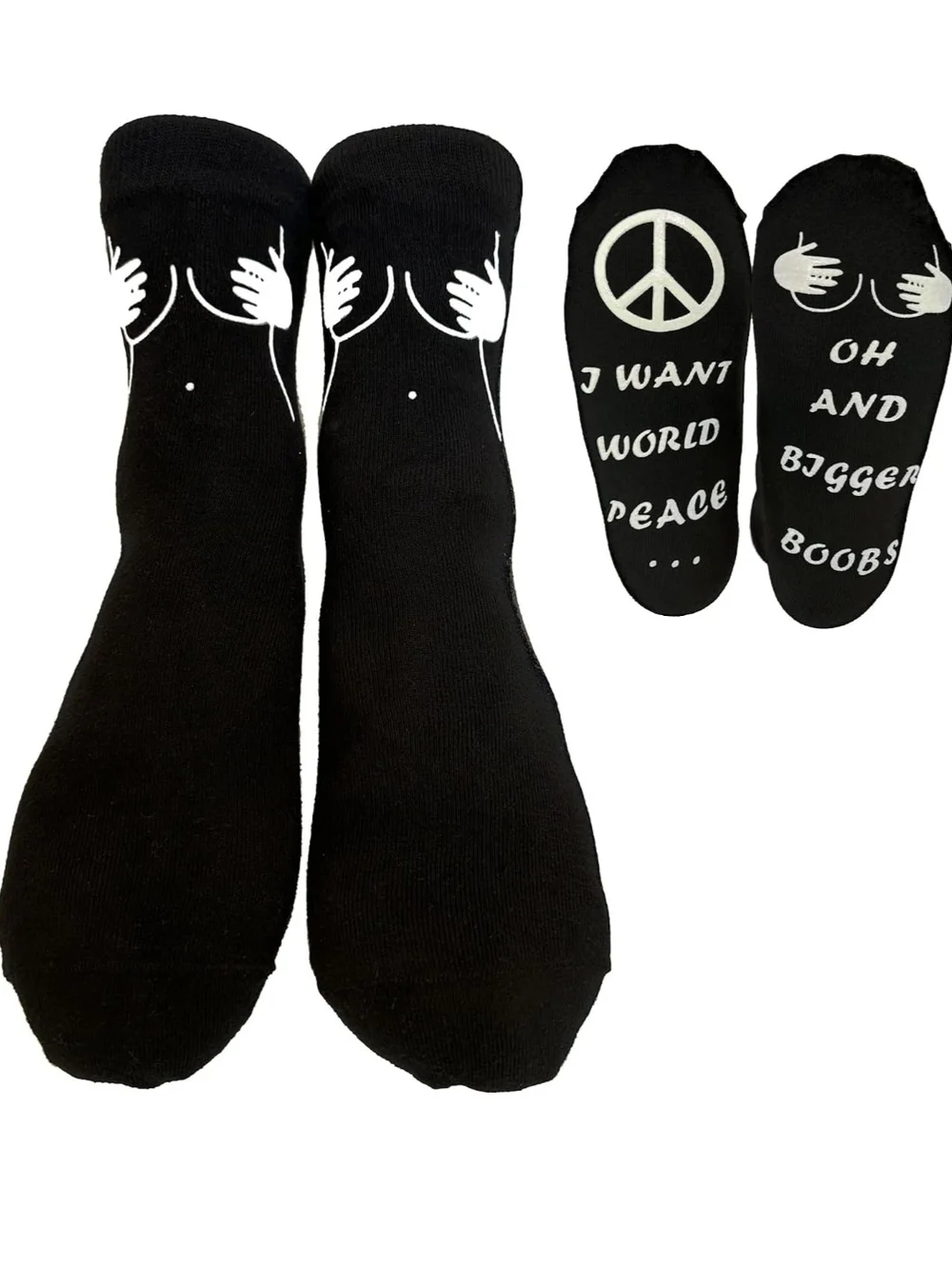 Unisex Black Novelty I Want World Peace Crew Socks with Graphic Print